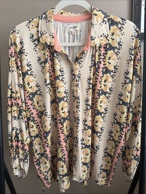Anthropologie Cream Floral Print Blouse with Pink and Navy Accents